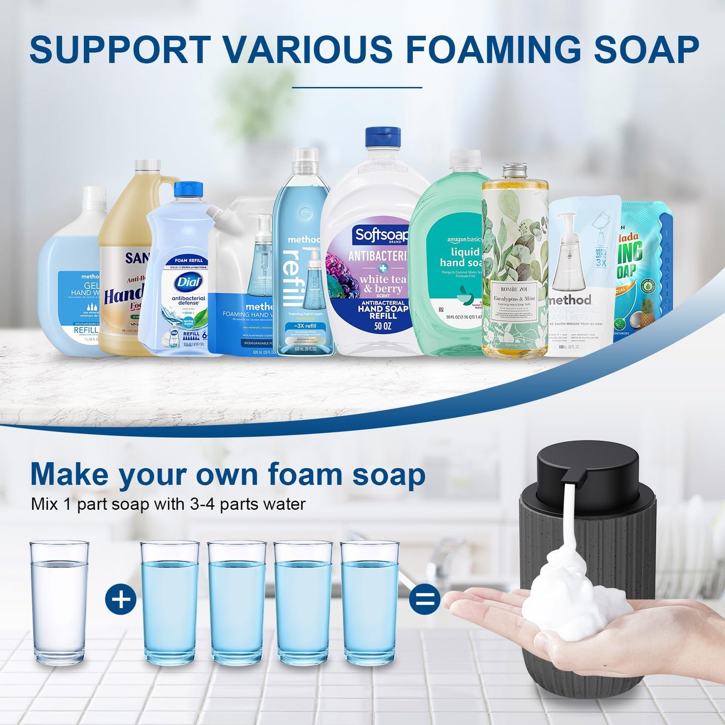 Ceramic Foaming Soap Dispenser, 12 oz Bathroom Foam Hand Soap Dispenser, Refillable Lotion Soap Dispenser with Removable Pump for Kitchen Hand Wash Dispenser, Modern Home Decor(2Pack-Black)