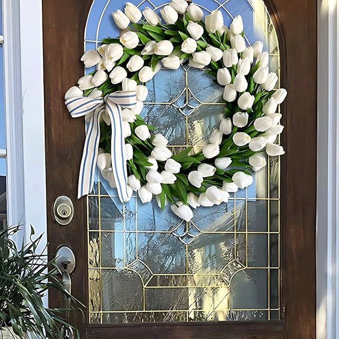 Spring Wreaths for Front Door, 16 Inch Summer Garland with White Tulips, Artificial Tulip Wreath for Farmhouse Home Wall Indoor Outdoor Window Decor