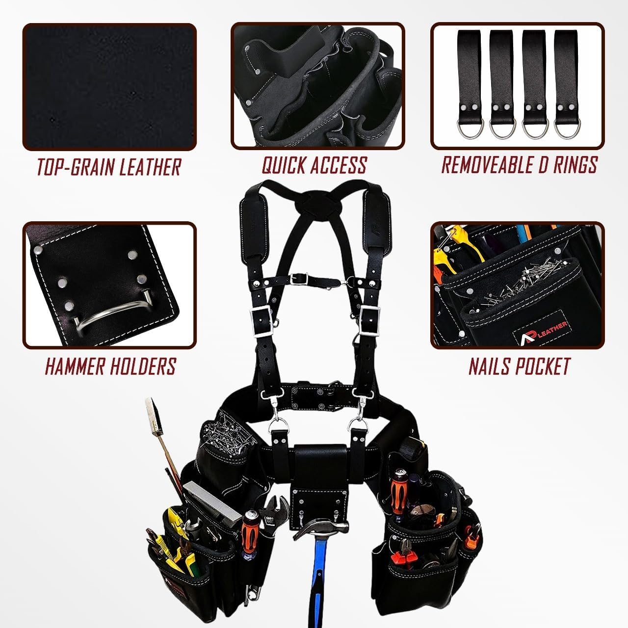 AP-LEATHER PRO-19 4MM Genuine Full Grain Leather Tool Belt for Men, tool belt with suspenders, Comfort Back Padded Support with Brass Hardware Tool Pouches With Suspenders