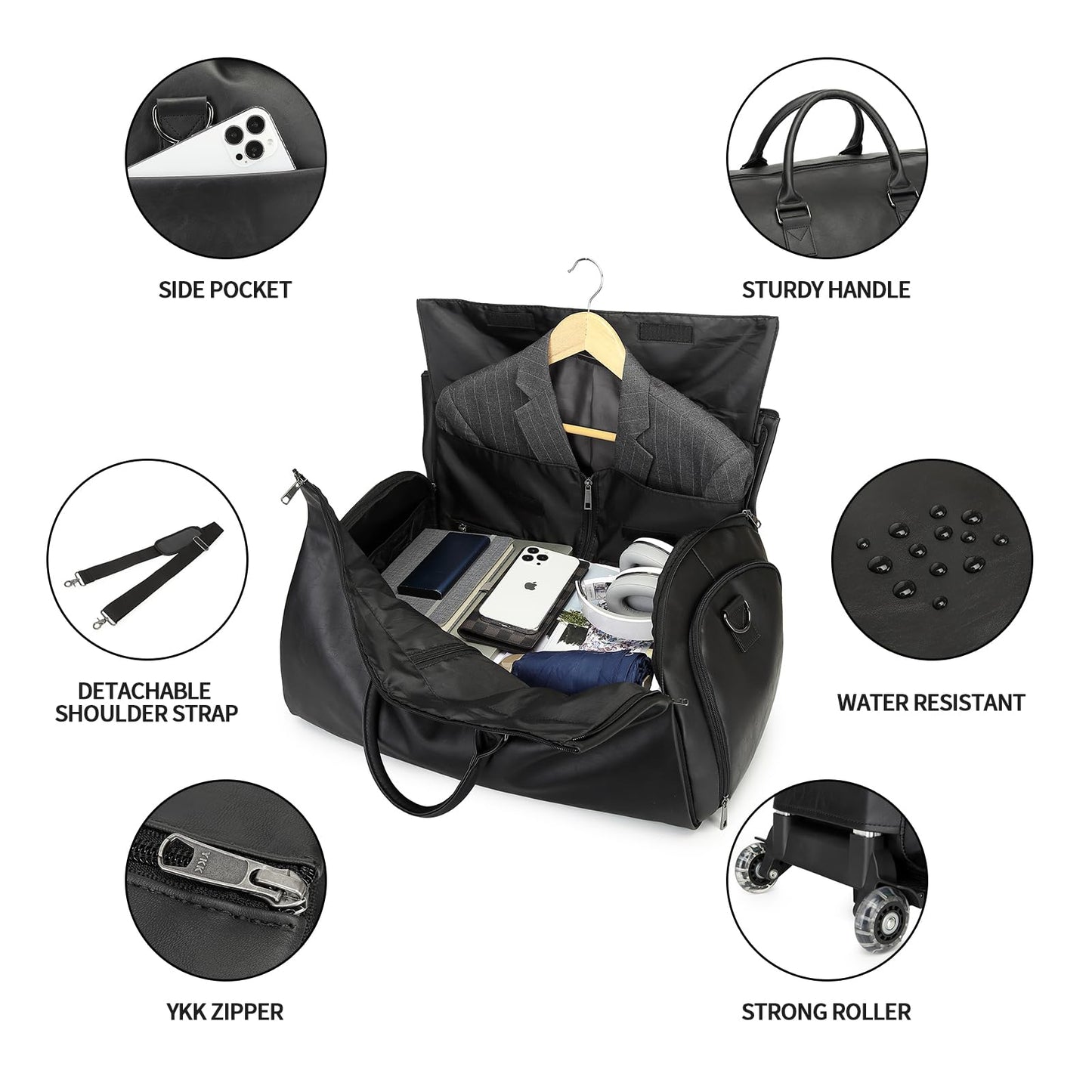 seyfocnia Rolling Garment Bag,Wheeled Garment Bag for Travel with Wheels Overnight Bags with Wheels Carry On Garment Bag with Shoe Compartment Suitcase Convertible Garment Duffle Bag-Black
