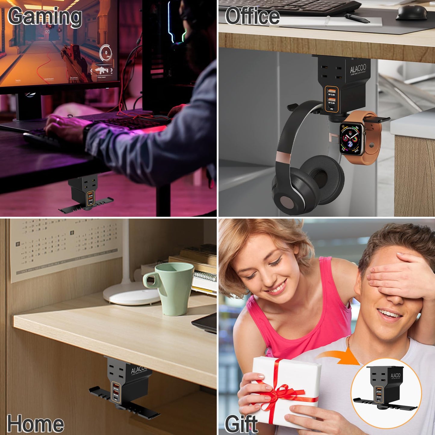 ALACOO Headset Holder for Desk, Dual Headphone Stand, PC Gaming Headphones Hanger Hook Under Desk with (QC3.0) 3 USB Charging Station & 2 AC Outlet(800W) for All Earphone Accessories Gamer Gift