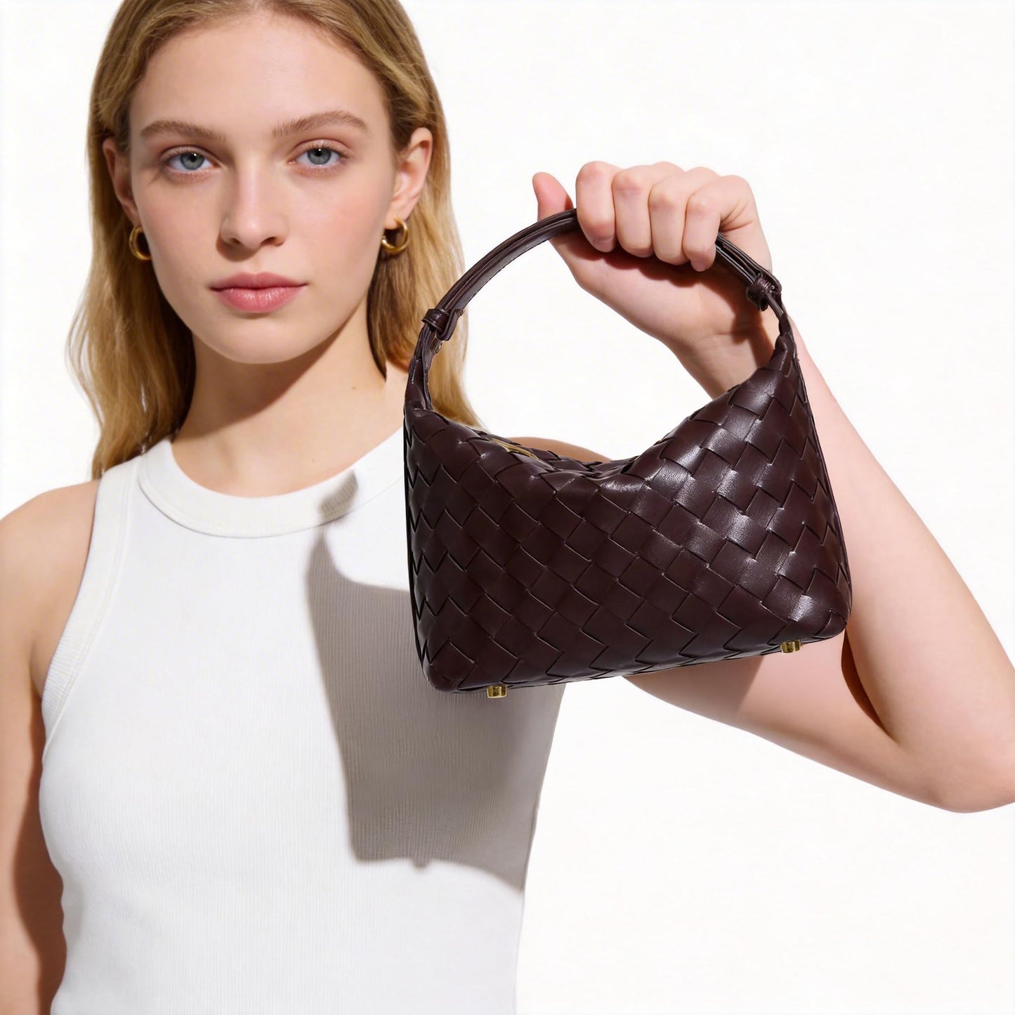 Woven Purse for Women, Braided Vegan Leather Woven Bag, Slouchy Mini Hobo Tote Purses, Small Top-Handle Shoulder Handbag (Chocolate)