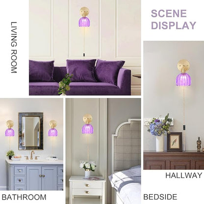 Plug in Wall Sconces Set of 2, Vintage Wall Sconce Light with Tulip Purple Glass Lampshade, 180° Adjustable Wall Sconce with Switch and Plug in wall lamp Cord, Gold Wall Light Wall Decor Set of 2
