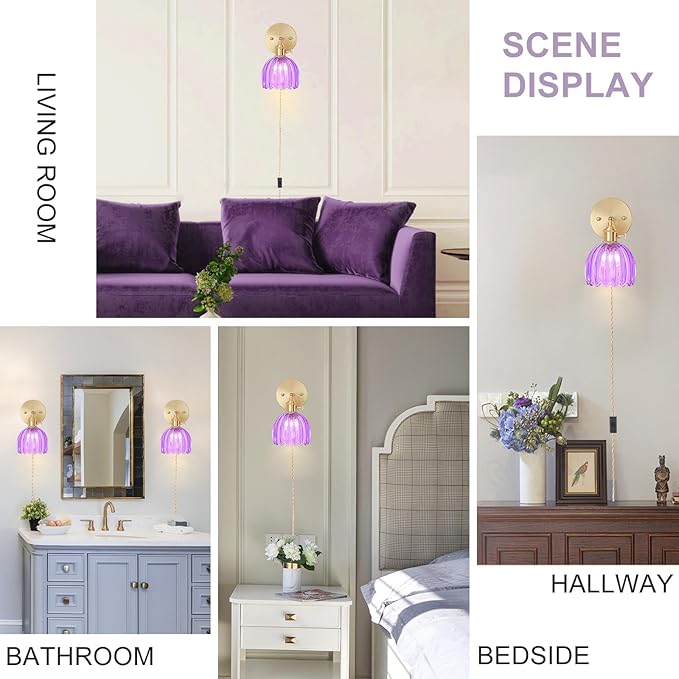 Plug in Wall Sconce, Vintage Sconce Light with Tulip Purple Glass Lampshade, 180° Adjustable Wall Sconce with Switch and Plug in Wall Lamp Cord, Gold Wall Light for Bedroom Bedside