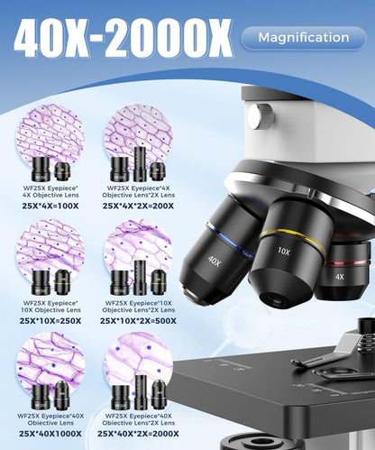 PalliPartners Compound Microscope for Adults & Students - 100X-2000X High-Power Biological Microscope for Students, School Lab & Home Education, with Slides Set & Phone Adapter (White)