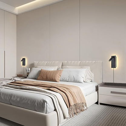 LED Wall Mounted Reading Lights for Books in Bed, Plug in Wall Sconce with USB C+A Ports & 3 Brightness Dimmable, Black Wall Lamps for Bedroom, Headboard Bedside Lamp with 9W+3W Night Light (2 Pack)