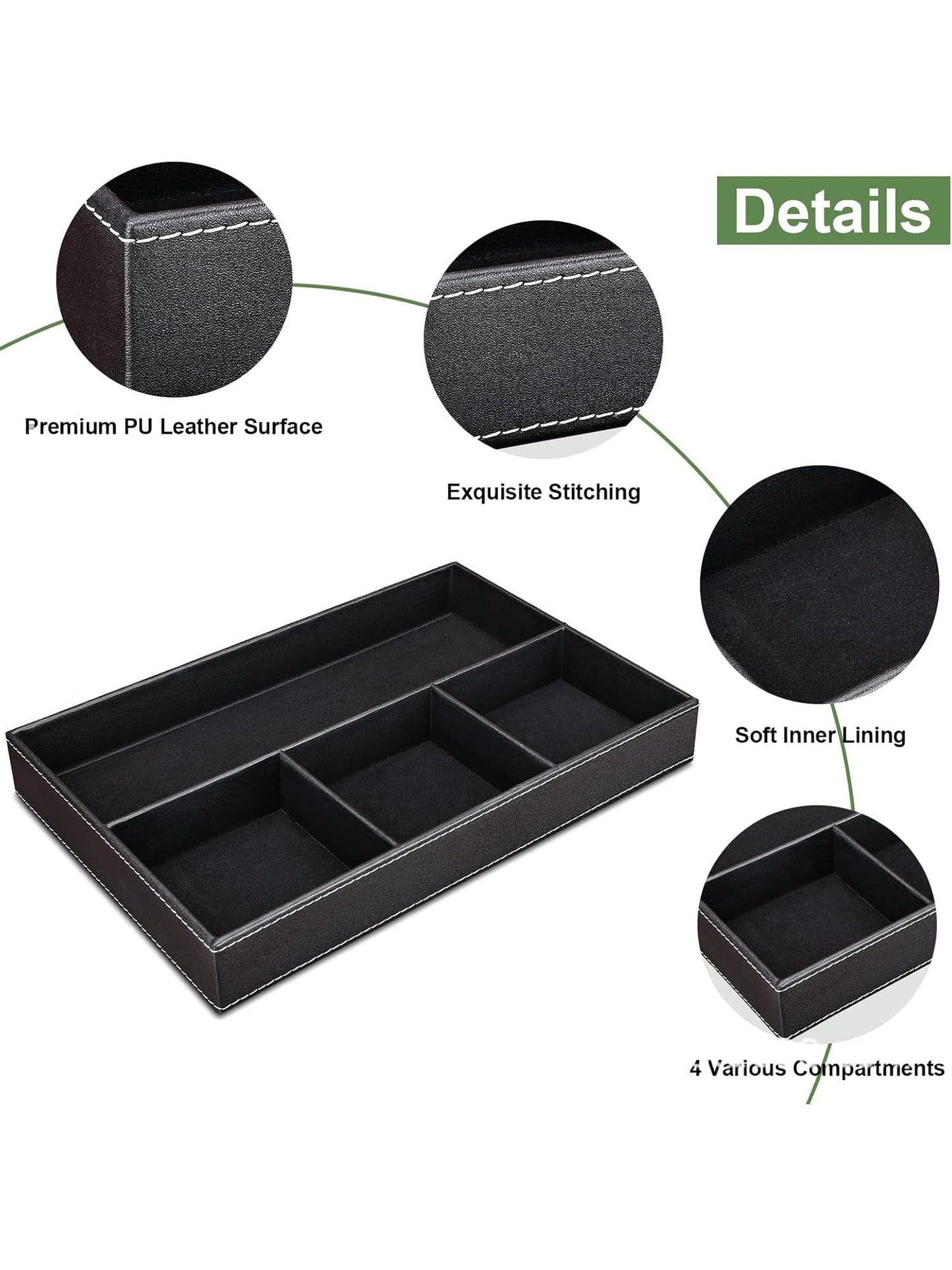 2 Pack Nightstand Drawer Organizer, Faux Leather Valet Tray for Men Women Stackable Jewelry Organizer for Drawers Caddy Tray for Key, Wallet, Watch, Sunglass, Coin, Phone, Bedside Desk-top Storage