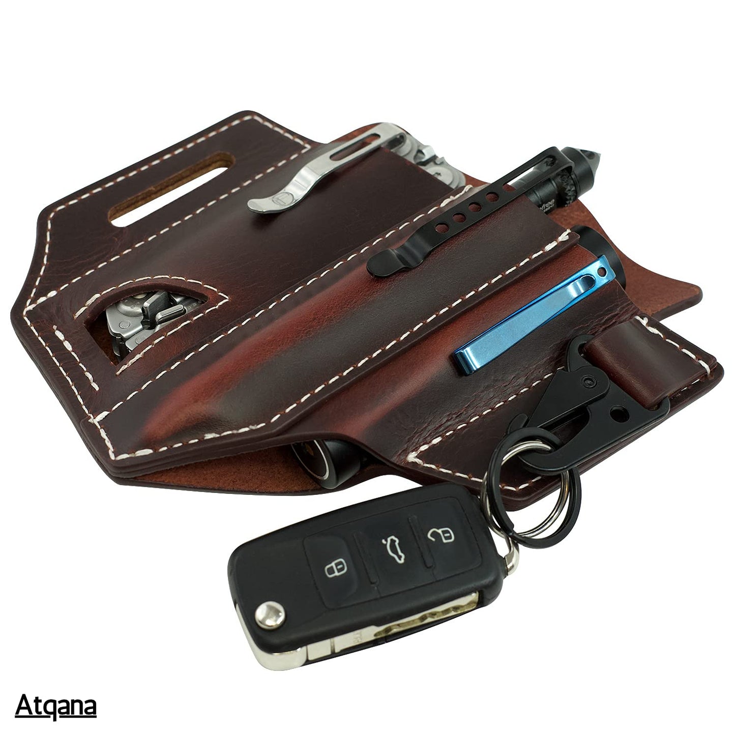 Multitool Sheath for Belt (Premium Leather) - EDC Pocket Organizer | Leatherman Holster | Handmade Leather Multitool Pouch and Pen Holder, Flashlight Sheath, Key Fob Clip by ATQANA® (Extra Dark Brown)