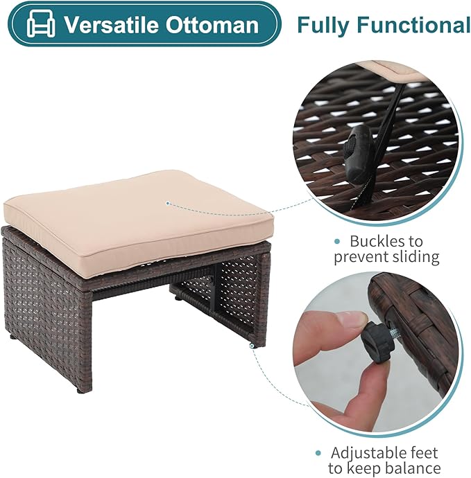 OC Orange-Casual 5 Pcs Patio Conversation Set Balcony Furniture Set with Cushions, Brown Wicker Chair with Ottoman, Storage Table for Backyard, Garden, Porch, Beige