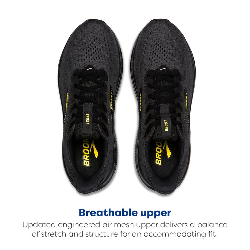 Brooks Men’s Ghost 17 Neutral Running Shoe - Ebony/Black/Yellow - 15 Medium