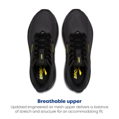 Brooks Men’s Ghost 17 Neutral Running Shoe - Ebony/Black/Yellow - 15 Medium