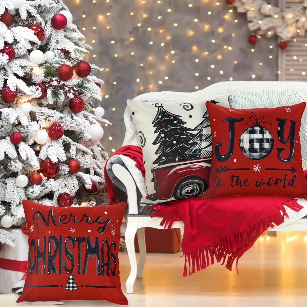 DIYDEC 4pcs Christmas Pillow Covers 20x20 Inch Red Pillow Covers Xmas Decorations Buffalo Tree Truck Merry Christmas Pillows Winter Holiday Farmhouse Seasonal Throw Case Decor for Sofa Couch