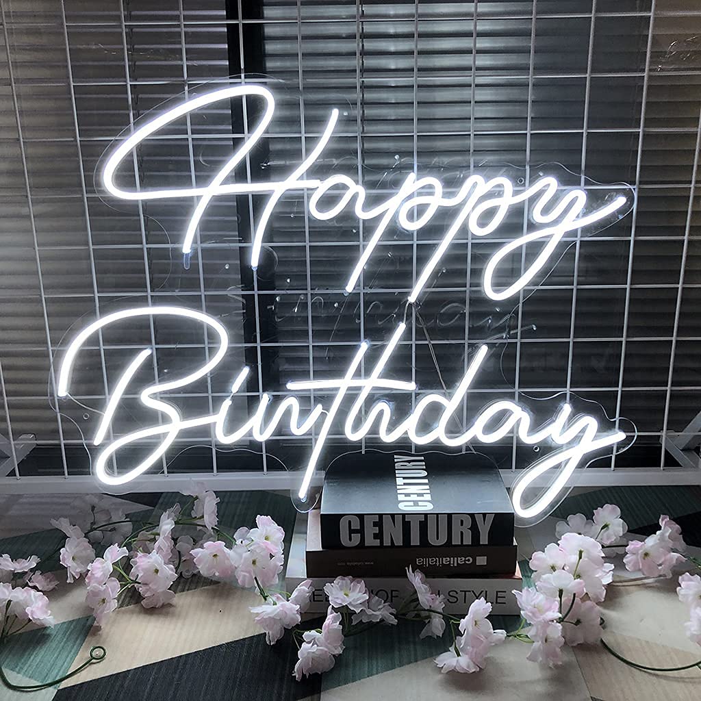 Large Happy Birthday LED Neon Sign, 28 inches Personalized Neon Light Sign for Birthday Party Wall Decoration Bar Rave Home Decor Christmas Light Present(White)