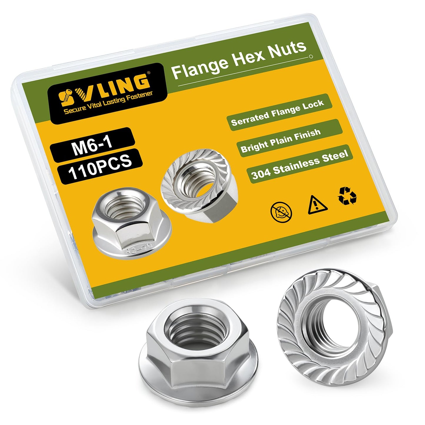 SVLING M6 Flange Nuts 110Pcs, Metric M6-1mm Serrated Flange Hex Nuts 304 Stainless Steel 18-8, Bright Plain Finish