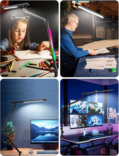 LED Desk Lamp with Clamp, 18W Dual Light Architect Desk Light, Adjustable Swing Arm RGB Light Sensor Switch, Eye-Caring 4 Modes Stepless Dimming Table Lamp for Home Office Reading Study Gaming