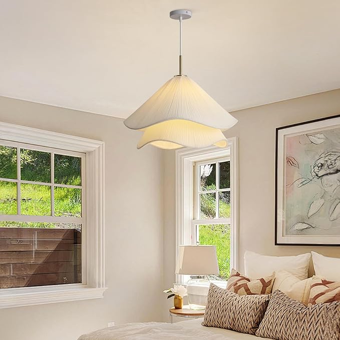 Modern Simple Hanging Lamp Cream Petal Fabric Chandelier Decoration Warm Romantic E26 Pendant Light For Indoor Living Dining Room Bedroom Home Pendant Lamp Kitchen Island Restaurant Cafe Light