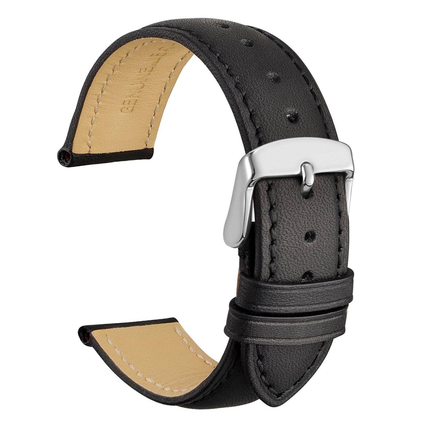 WOCCI 20mm Vintage Leather Watch Band for Men and Women, Silver Buckle (Black)