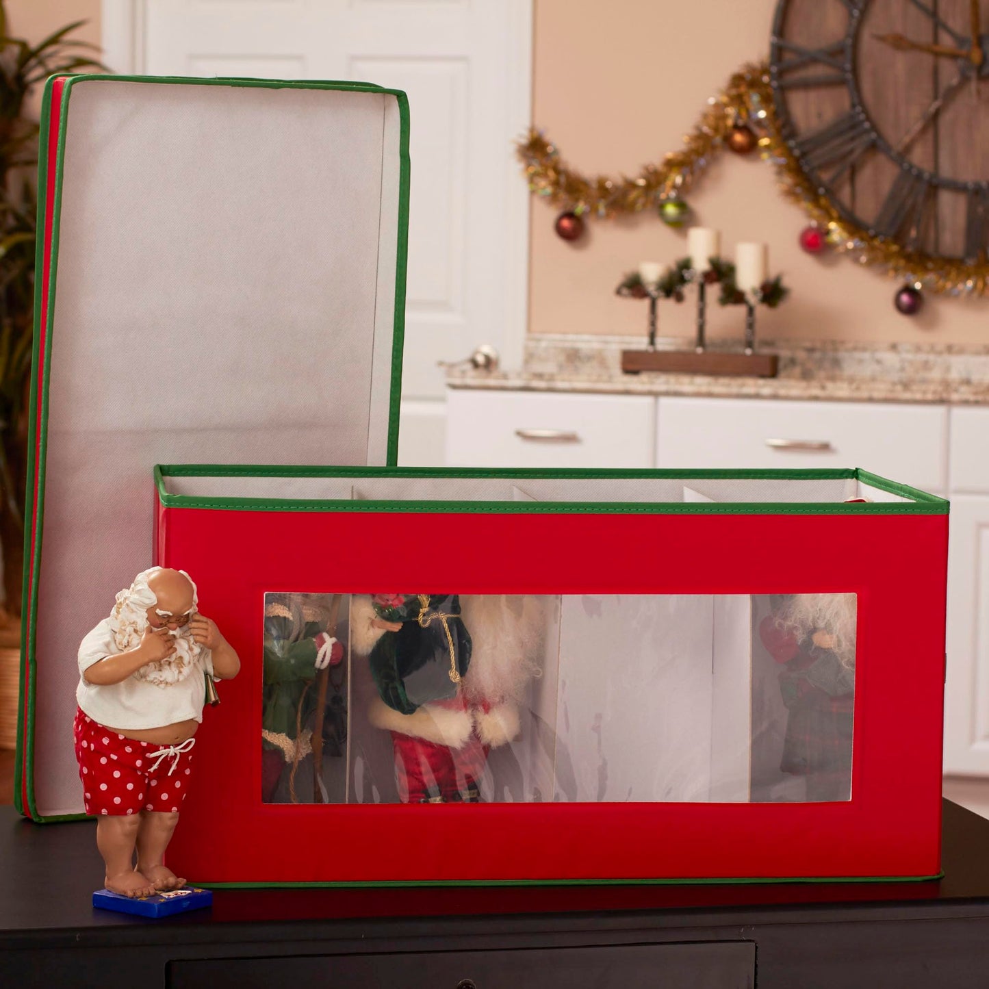 Household Essentials Holiday Figurine Storage Box, Windowed Storage with Lid, 8 Storage Compartments, Double Handles, Red with Green Trim