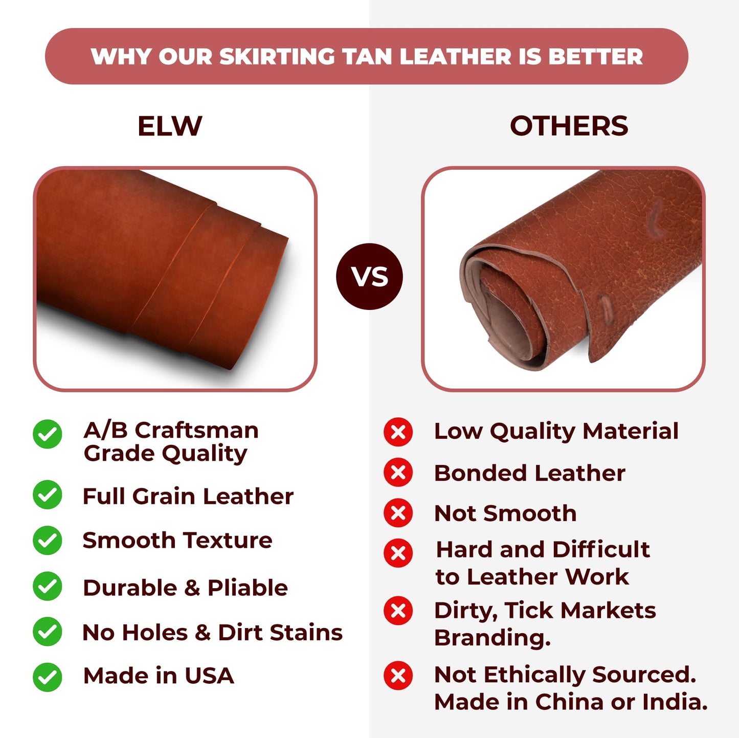 ELW 8-10 oz (3-4 mm) Skirting Veg Tan Leather | Chestnut 1-2 SQFT| Thick Cowhide Tooling Leather Sheet for Belts, Saddle, Holster, Sheaths, Bulk Real Leather Pieces, Crafts, Remnants, Scraps USA