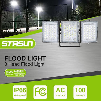 STASUN LED Flood Light Outdoor, 150W 13500lm Outdoor Lighting, 6000K Daylight White, IP66 Waterproof Outside Floodlight Exterior Security Light with 3 Adjustable Heads for Yard, Street, Parking Lot