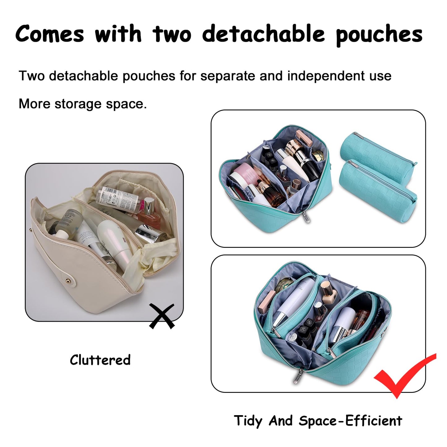 BOYATU Checkered Travel Makeup Bags: Vacation-Ready Light Blue Large Capacity Cosmetic Bag for Women - 3 Pcs Set Toiletry Organizer with Waterproof Leather - Easy to Clean Beach Trip Essential