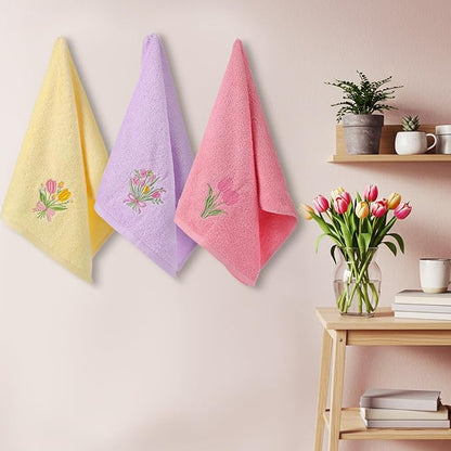 3 Pcs Tulips Bouquet Hand Towels Spring Pink Tulips Flower Bath Towels 14 x 29