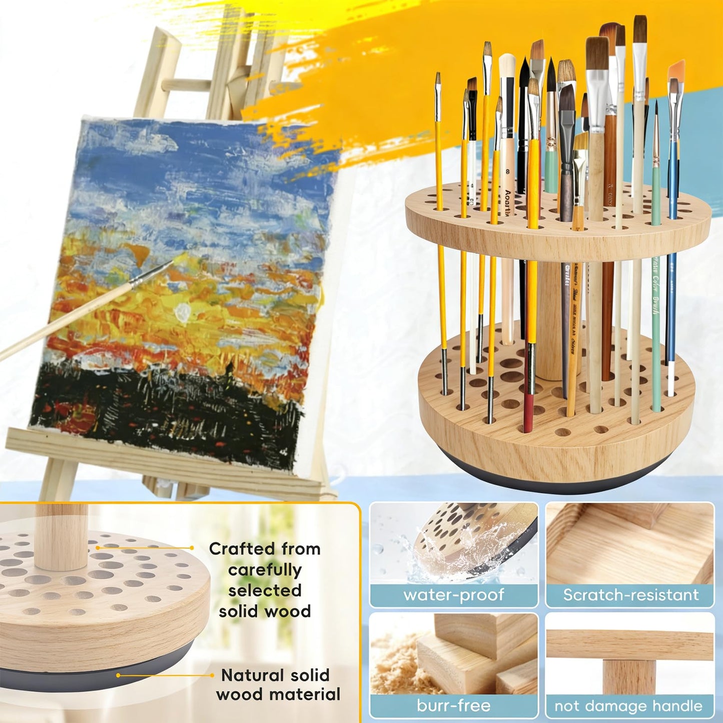 Natural Solid Hardwood Paint Brush Organizer – 360° Smooth Rotating, 52-Hole Vertical Storage Rack, Compact Desktop Holder for Cosmetic Brushes, Craft Supplies & Calligraphy Pens