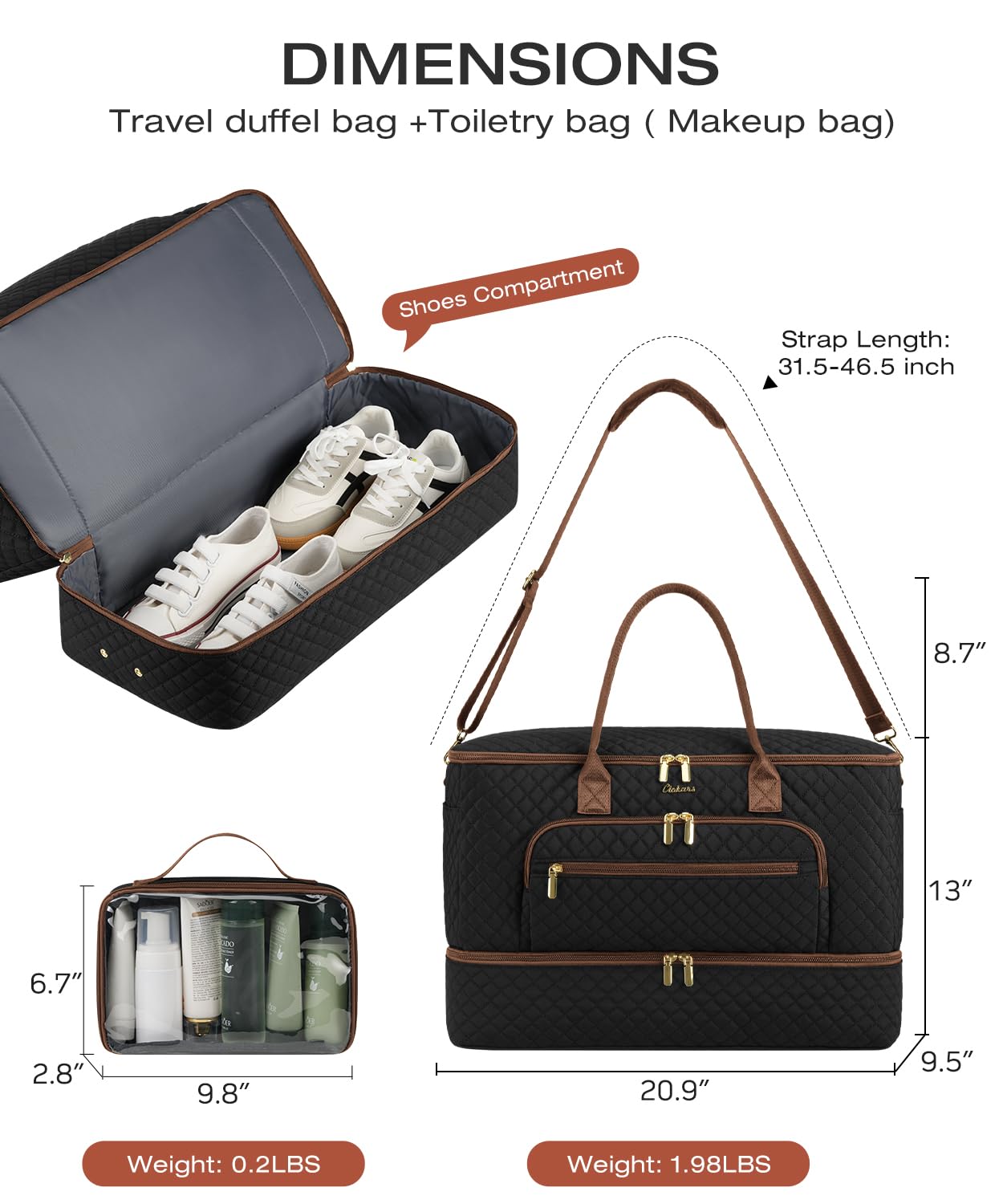 CLOKARS Travel Duffle Bag, Wide Open Large Weekender Bag for Women with Shoe Compartment, Carry on Overnight Bags with Toiletry Bag, Hospital Bag for Women Labor Delivery with Wet Pocket (Black Brown)
