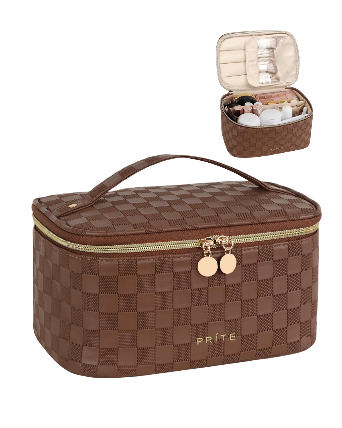 Prite Makeup Bag, Large Capacity Cosmetic Bag for Women and Girls, Waterproof PU Leather Travel Case with Handle, Divider for Skincare and Brushes - Checkered Brown