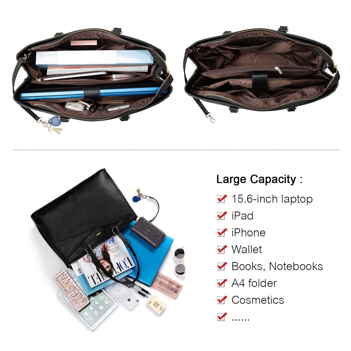 LOVEVOOK Laptop Tote Bag for Women 15.6 Inch Waterproof Leather Computer Bags Business Office Work Briefcase Black