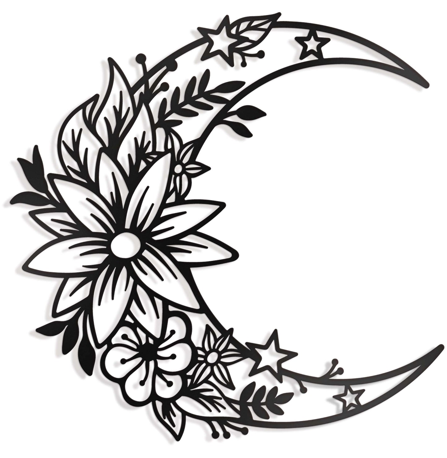 Vivegate Moon Metal Floral Art Decor - 14"X13.5" Black Boho Large Floral and Star Phase Wall Signs for Half Moon Flower Sculpture Hanging Wall Decor for Bedroom