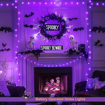 JMEXSUSS Purple Halloween Lights, 33ft with 8 Modes Remote, 100 LED Globe String Lights Outdoor Battery Operated for Halloween Bedroom Party Christmas Decor