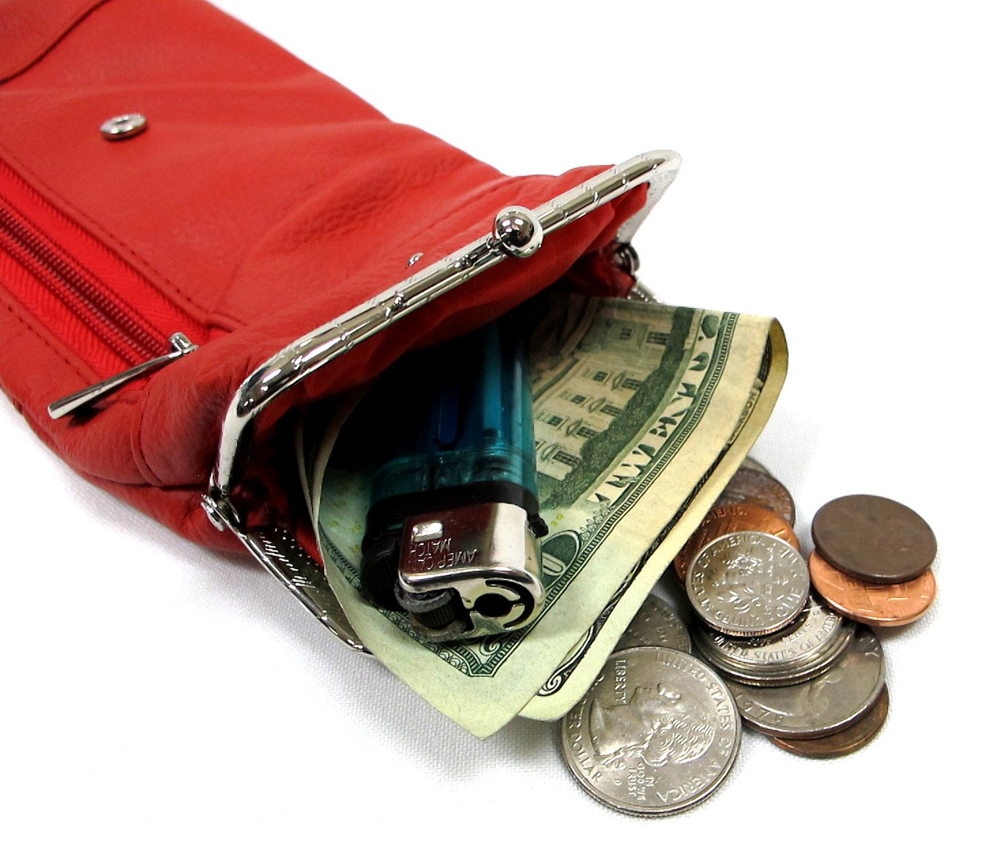 Deluxe Genuine Leather Cigarette and Lighter Case with Zipper Pocket Twist Clasp Kiss Lock Closure Fit 100's -Red