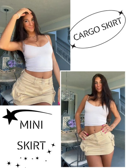 Mancreda Women Denim Cargo Skirt Mini Low Waist Button Bodycon Y2K Flap Pockets Skirts(CA,XS)