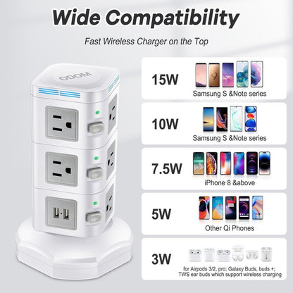 Power Strips Surge Protector 1800J, ODOM Power Strip Tower with 15W Wireless Charger, 13A,4 USB Ports + 10 AC Outlets + 6 Ft Retractable Extension Cord,Plug Outlet Charging Tower for Home Office
