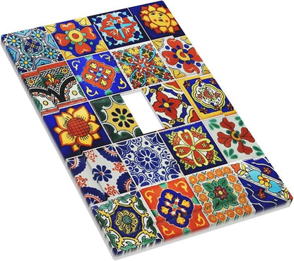 Traditional Colorful Talavera Mexican Spanish Moroccan Tiles Single Toggle Light Switch Plates Cover Decorative 1 Gang Wall Plate Electrica Faceplate for Bathroom Bedroom Decorate Accessories