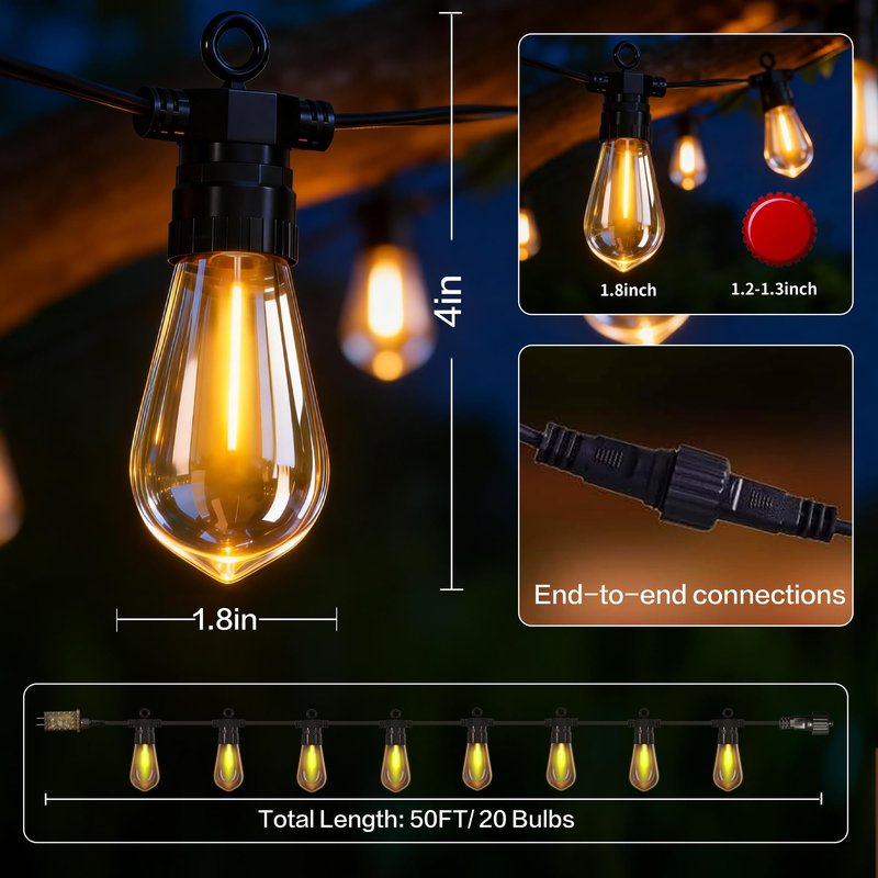 BYIZO 50FT Outdoor String Lights with Remote, 20 Dimmable Shatterproof LED Bulbs, Waterproof Patio & Backyard Lights for Pergola, Deck, Garden, Bistro, Commercial Grade Hanging Lights
