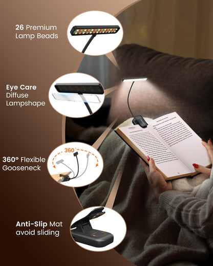 Glocusent 26 LED Rechargeable Book Light for Reading in Bed, Eye-Caring 5 Amber Colors and Stepless Dimming, Lasts 1 Week to a Months, Travel Clip on Lamp Gifts for Book Lovers, Men, Women & Kids