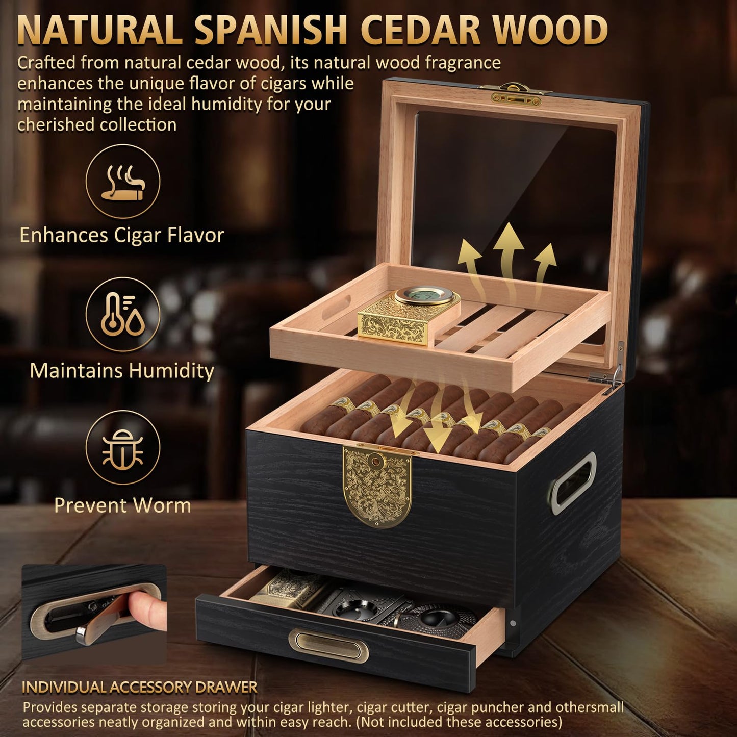 AWOTE Cigar Humidor with Digital Hygrometer and 2 Humidifiers, Cedar Wood Cigar Humidor Box with Drawer, Travel Cigar Case and Cigar Tubes, Desktop Humidor Box Gifts Cigar Accessories (Black)