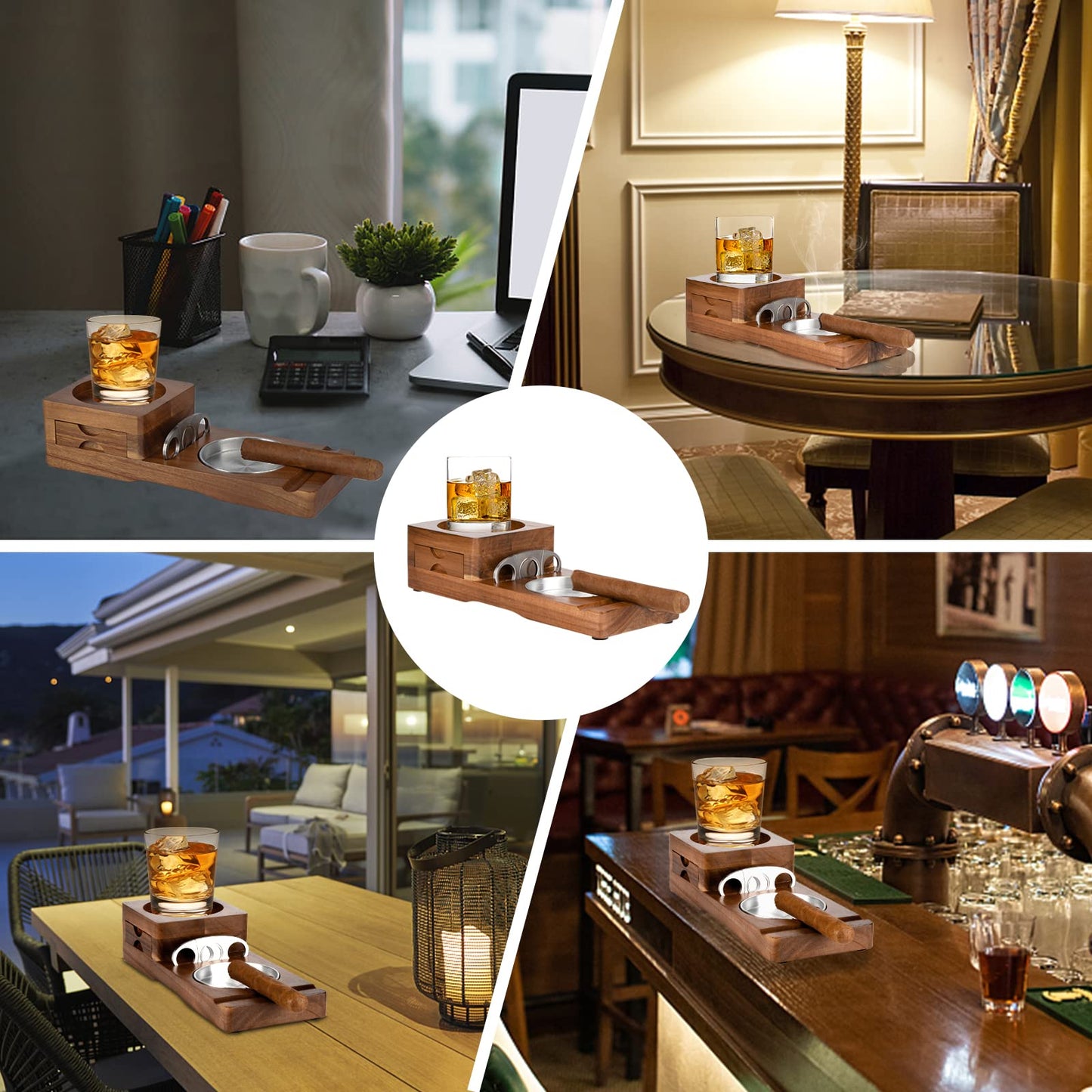 Scotte Ashtray Coaster Whiskey Glass Tray & Wooden Ash Tray with Cigar Cutter,Include Drawer and Cigar Slot Home Office Outdoor Great Cigar Accessories for Men
