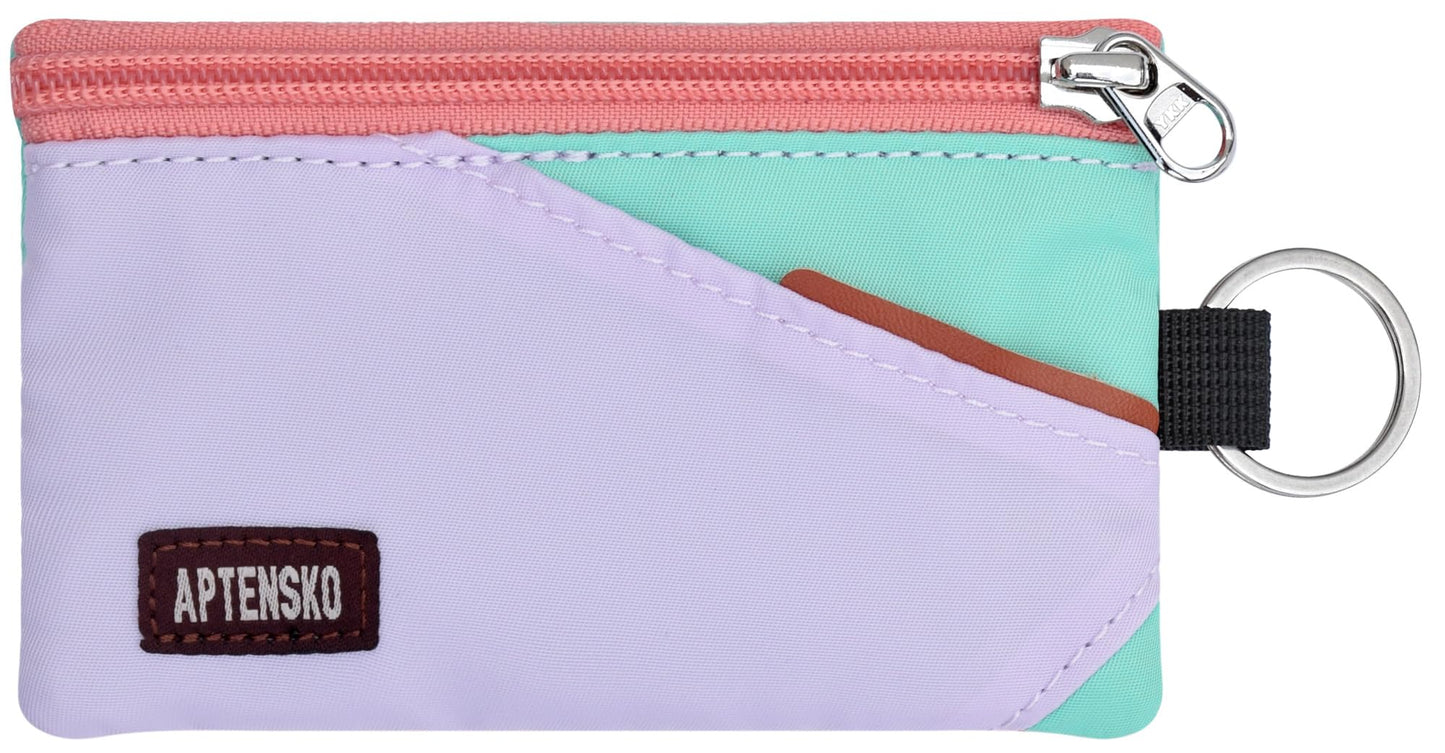 APTENSKO RFID Blocking Travel Wallet with Adjustable Lanyard, Small Nylon Zipper Pouch and Badge Holder for ID, Credit Cards, Cash, Keys, Commuters (SoftLilac+MintAqua)