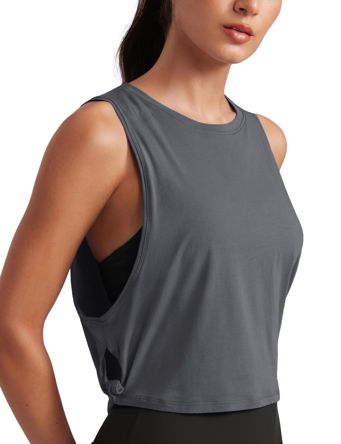 CRZ YOGA Pima Cotton Large Armhole Tank Tops for Women - Workout Sport Athletic Yoga Running Gym Loose Crop Sleeveless Shirts Dark Carbon X-Large