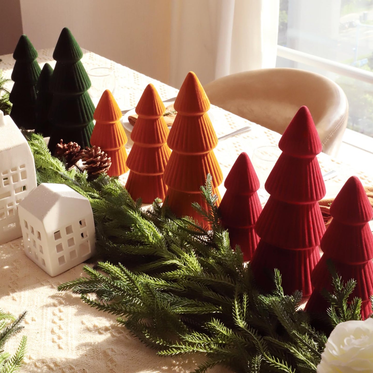 Christmas Decorations - Set of 3 Velvet Ceramic Christmas Trees - Modern Cone Indoor Christmas Decoration Centerpieces for Table Mantel and Living Room Home Decor (Red)