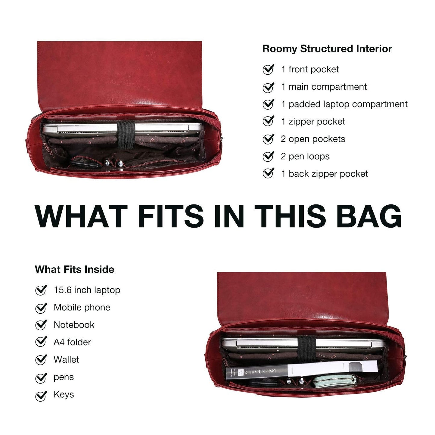 ECOSUSI Women's Briefcase Vegan Leather 15.6 inch Laptop Bag for Work Computer Shoulder Satchel Bag with Detachable Bow, Red