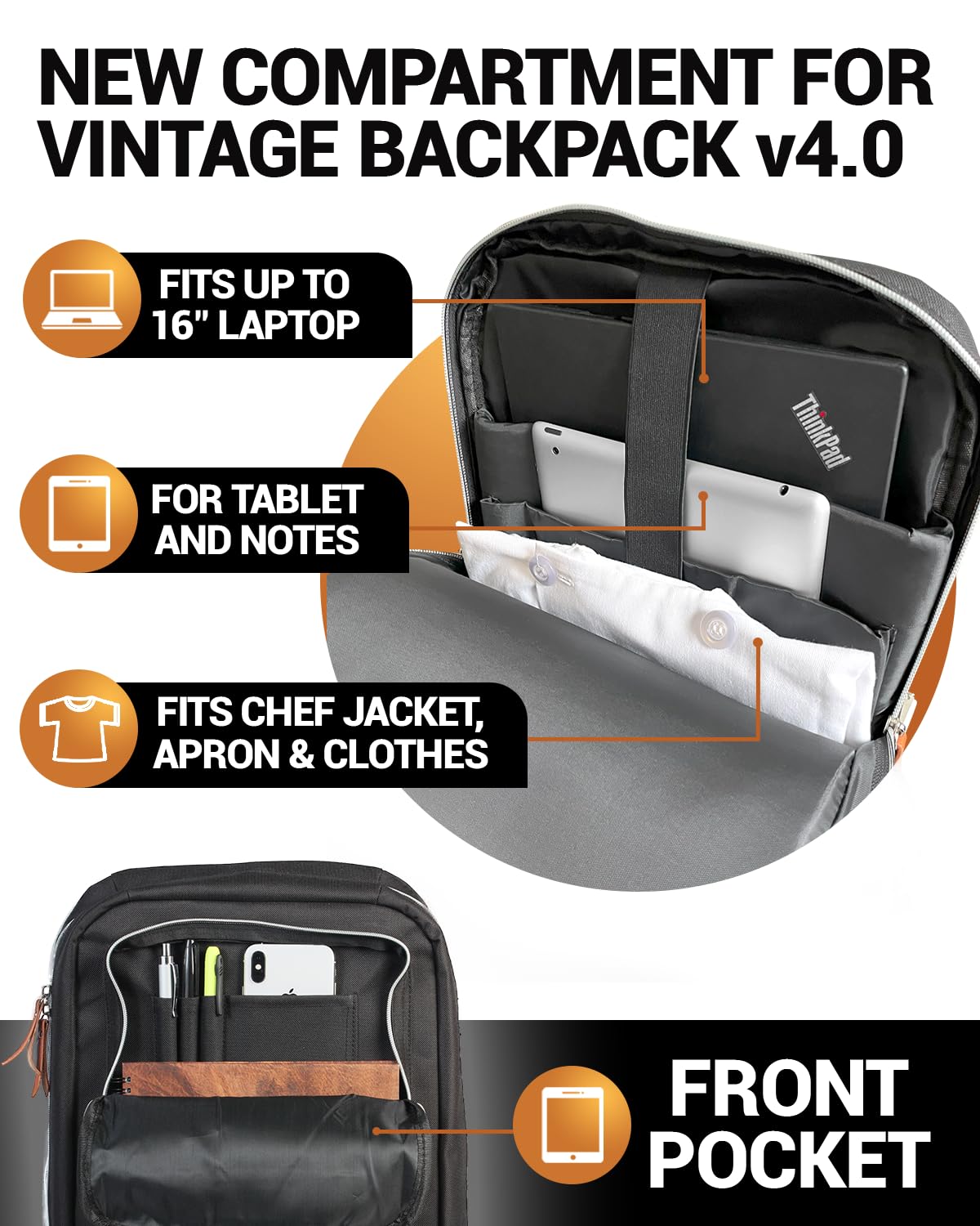 Chef Knife Bag Vintage Backpack VINTAGE, Professional Knife Carrying Case for Chefs & Culinary Students, 30+ Pockets, Holds 10" Knives, Water-Resistant 600D Material (Black)
