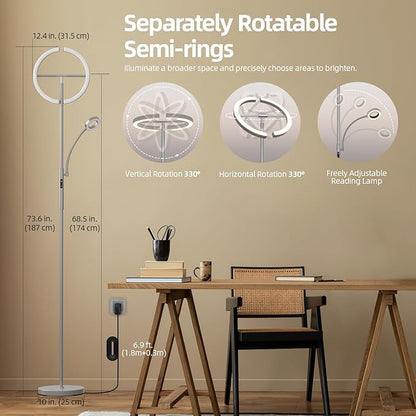 FIMEI Split Floor Lamp Modern LED Rotatable Floor Lamp with Reading Light, Eye-Protection Reading Standing Lamp with Stepless Dimming and 3000K-6000K Color, Separately Rotatable Design, Gray