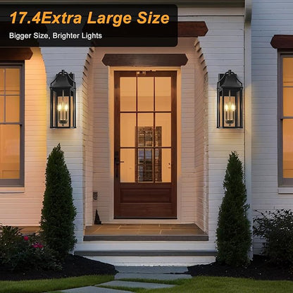 𝟏𝟕.𝟒𝑰𝑵 Outdoor Wall Sconce Fixture, Dusk to Dawn Patio Lights Waterproof Exterior Lanterns, 2-Light Modern Wall Lights Mounted with Glass, Black Outside Light for House Front Door Decor