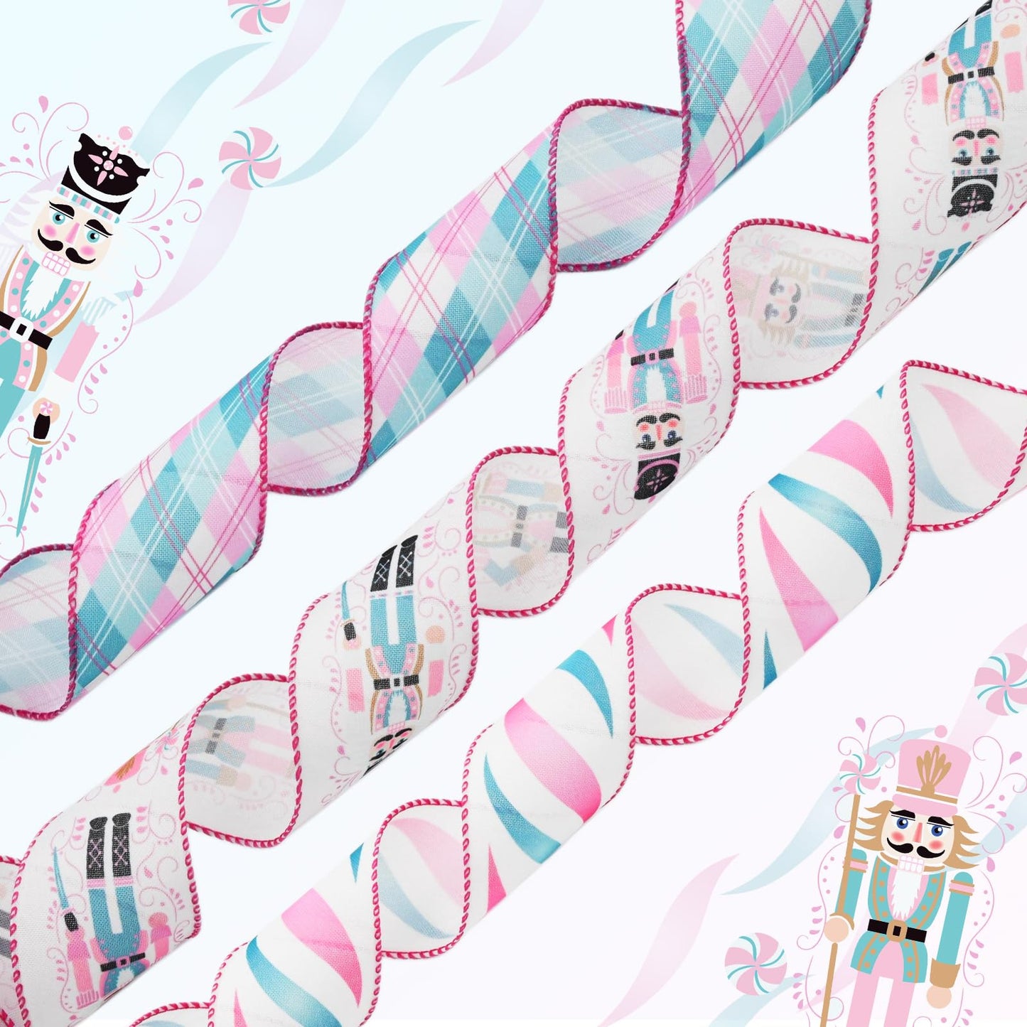 CRAFLOX Pastel Christmas Nutcracker Wired Ribbon for Wreath Bows, 3 Rolls, 2.5″ Wide, 15 Yards Total, Pastel Pink & Blue Check Wired Edge Ribbon for Crafts Supplies, DIY Bows