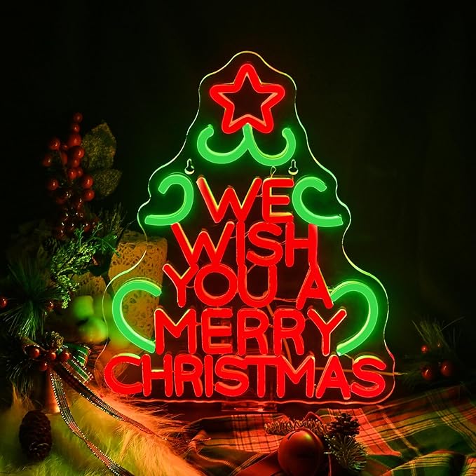 We Wish You a Merry Chritmas Neon Sign, Christmas Tree LED Neon Sign, LED Sign with Star for Christmas Decor, Holiday Wall Decoration, USB Powered, Adjustable Brightness