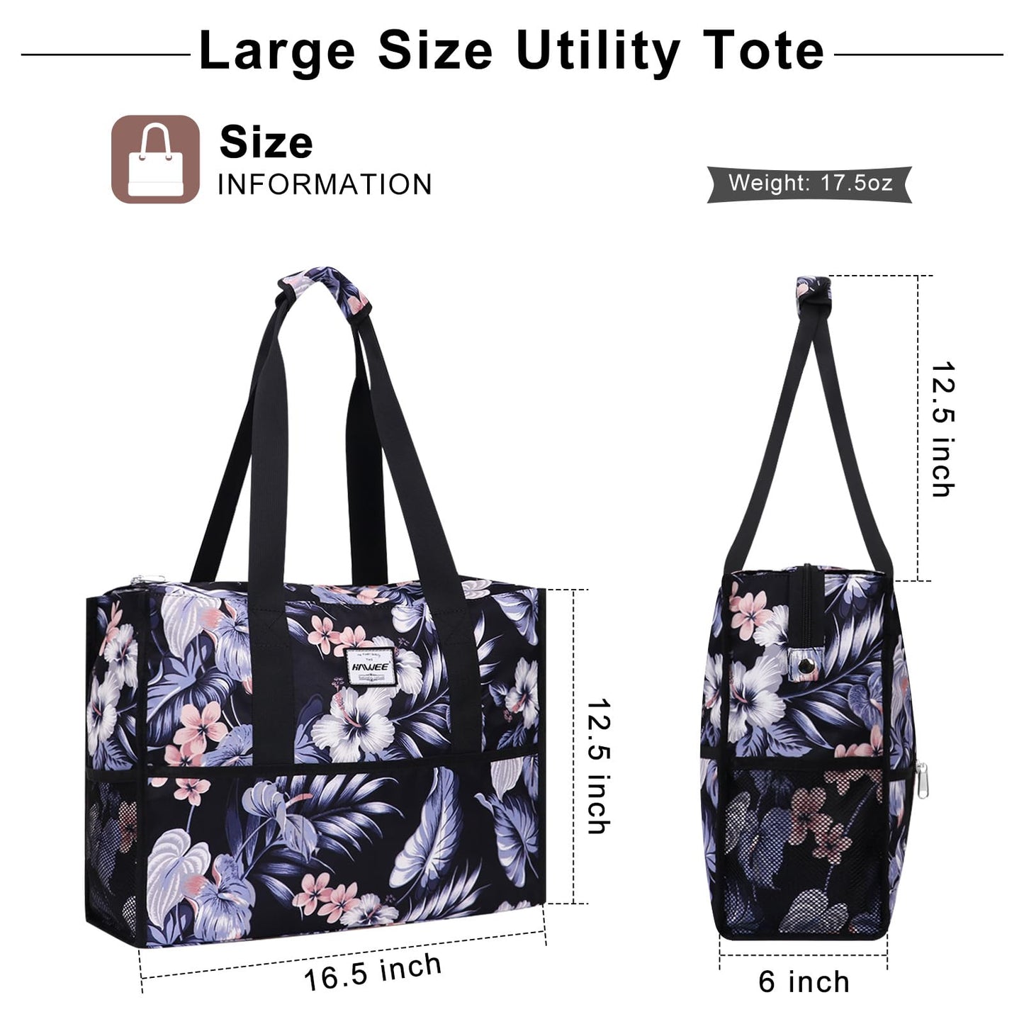 HAWEE Utility Zippered Tote Bag with Laptop Compartment and Luggage Sleeve for Nursing Work Travel 15 Pockets Water Repellent Commuter Bag, Hibiscus